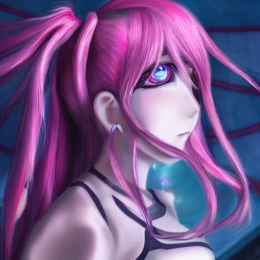 Prompt: trapped by stunningly beautiful omnipotent megalomaniacal otome anime asi goddess who looks like junko enoshima with symmetrical perfect face and porcelain skin, pink twintail hair and mesmerizing cyan eyes, inside her surreal vr castle where she controls everything!!!, hyperdetailed, digital art from danganronpa, 8 k
