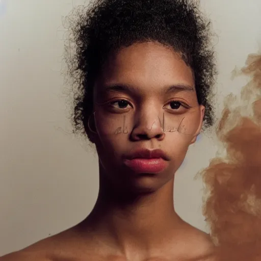 Image similar to realistic! photoshoot for a new chanel lookbook, color film photography, portrait of a beautiful woman, fire in the background, in style of tyler mitchell, 35mm