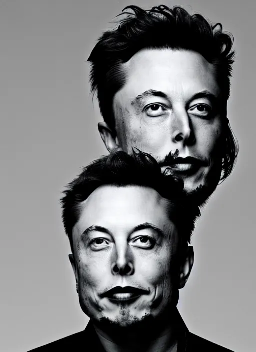 Image similar to A black and white, high contrast portrait of Elon Musk. He has very long hair and a beard. Looks like an old hippie