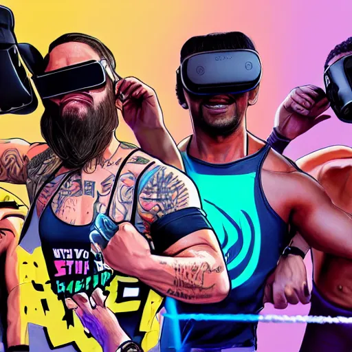 Image similar to wwe wrestler characters wearing vr goggles, gta cover, apex legends trending on artstation, digital illustration