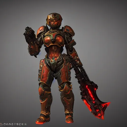 Image similar to female doom slayer extreme details epic dramatic realistic unreal engine render