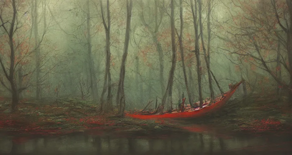 Image similar to an old broken sailing ship in an autumn forest, green and red tones, by Aron Wiesenfeld and beksincki, cinematic, detailed illustration, nature, fog, dark colors, suspense, intricate, 8k