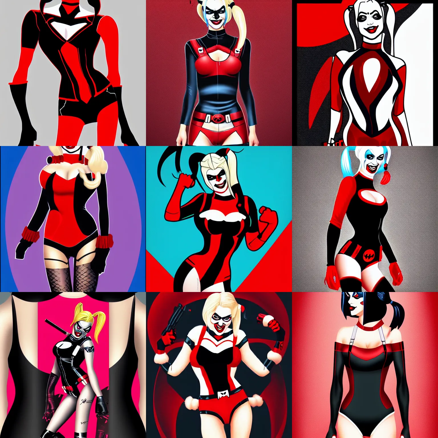 Prompt: classic Harley Quinn DC, classic red black bodysuit, hyperealistic digital illustration, tight full body suit