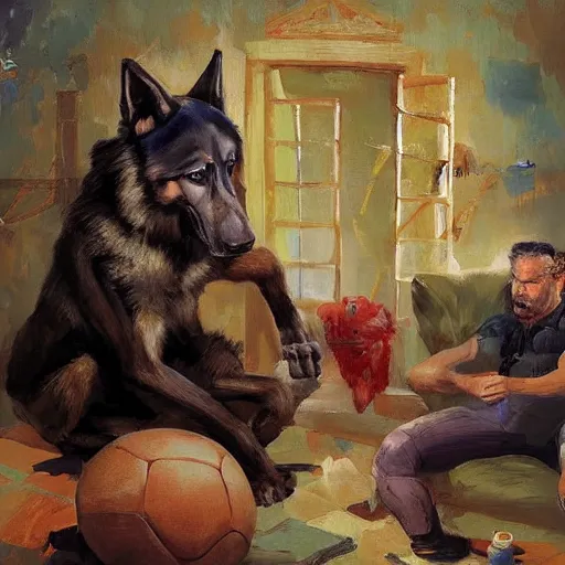 Image similar to a humanoid german shepherd beast - man, sitting and watching a soccer match in his house on television, he has hurt his knee and is a dad, by erin hanson, alexi zaitsev, karl spitzweg, award winning, tv set