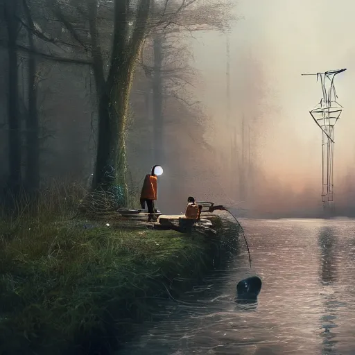 Image similar to Beautiful cinematic scene of a couple of two damaged and broken humanoid robots holding hands near a river, at night, peaceful, science fiction, award-winning, cinematic lighting, insanely detailed, very realistic, Artstation, Cgsociety, by Simon Stalenhag, directed by Denis Villeneuve, filmic