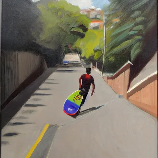 Prompt: a young man riding a longboard down steep street in san Francisco, oil painting