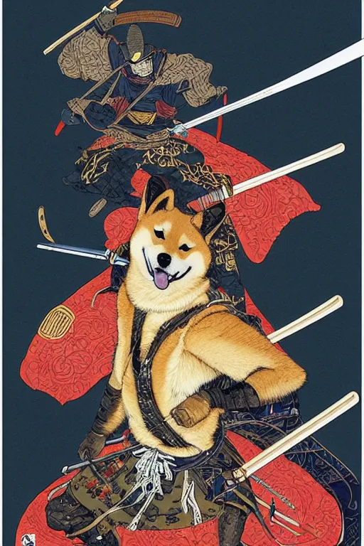 Image similar to poster of a shiba inu as a samurai, by yoichi hatakenaka, masamune shirow, josan gonzales and dan mumford, ayami kojima, takato yamamoto, barclay shaw, karol bak, yukito kishiro