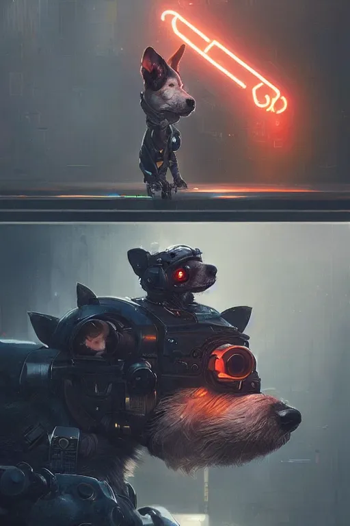 Prompt: A a very cute cyberpunk dog character, metal parts, glowing eyes, profile picture by Greg Rutkowski, Matte Painting, trending on the artstation