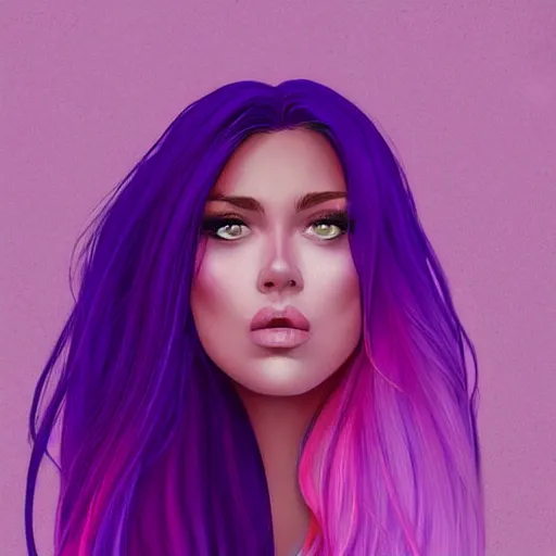 Image similar to a stunning upper body portrait of a beautiful woman with ombre purple and pink hair blowing in the wind by marvel comics, digital art, trending on artstation