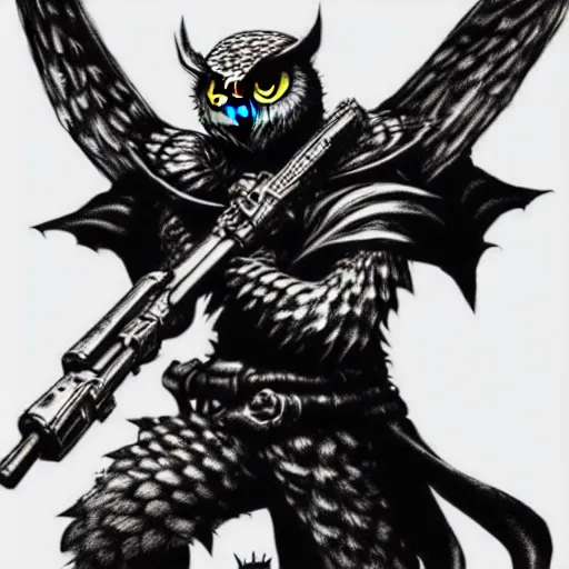 Prompt: Owl King carrying a machine gun (league of legends, 2009), artwork by kentaro miura, Kentaro Miura style, Berserk Style, High details, cinematic composition, manga, black and white ink style, a lot of details with ink shadows