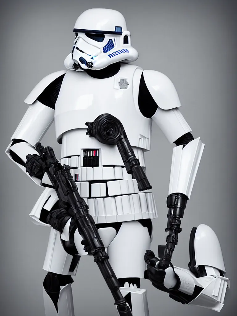 Image similar to “studio portrait photographer of a stormtrooper mixed with R2-D2, studio lighting, high quality, Star Wars, action pose”