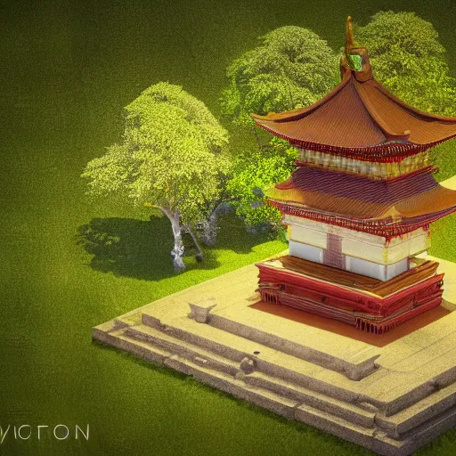 Image similar to an isometric 3 d render of a buddhist shrine in the forest, isometric, octane render, sunbeams