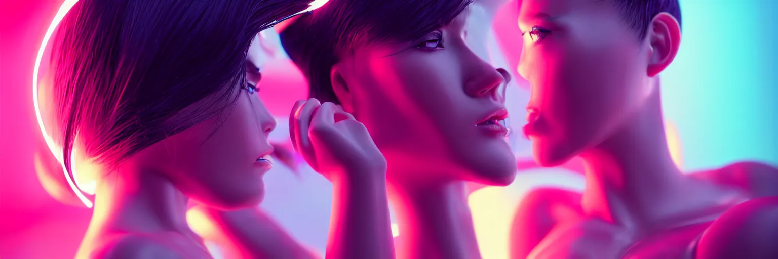 Prompt: 2 0 0 mm lens photography of a few female humanoid cropped tight portrait, shallow depth of field, cyberpunk high fashion, elegant profile pose, cyber neon lighting, retro futurism, retro futuristic glossy latex bikini, bokeh background, hyper photorealistic, crispy quality, digital photography, art by pascal blanche, art by artgerm, art by greg rutkowski,