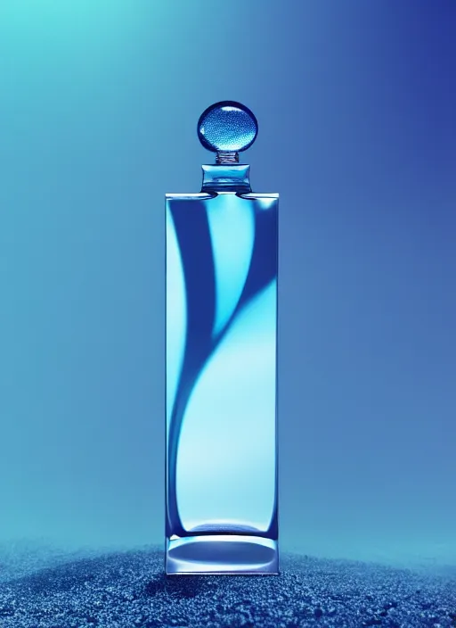 Image similar to perfume bottle standing in a desert oasis in deep blue pond water surrounded by smokey cloud, blurred background contoured smooth fair walls, up close shot, sharp focus, global illumination, radiant light, zaha hadid, irakli nadar, octane highly render, 4 k, ultra hd,