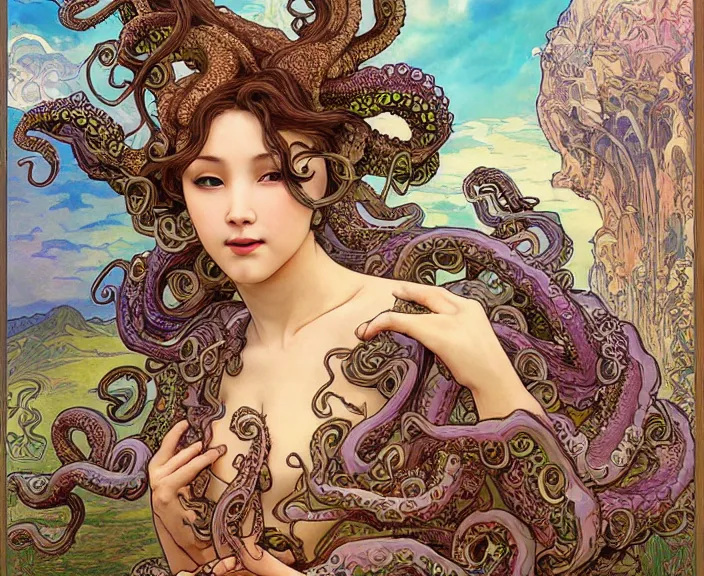 Image similar to portrait of an octopus goddess, full body shot, rule of thirds, wide angle, amazing landscape in background, fantasy, whimsical, horror, art by chengwei pan and alphonse mucha and josephine wall and amanda sage, intricately detailed, highly detailed, luxurious, elegant, clean, unsettling, trending on artstation