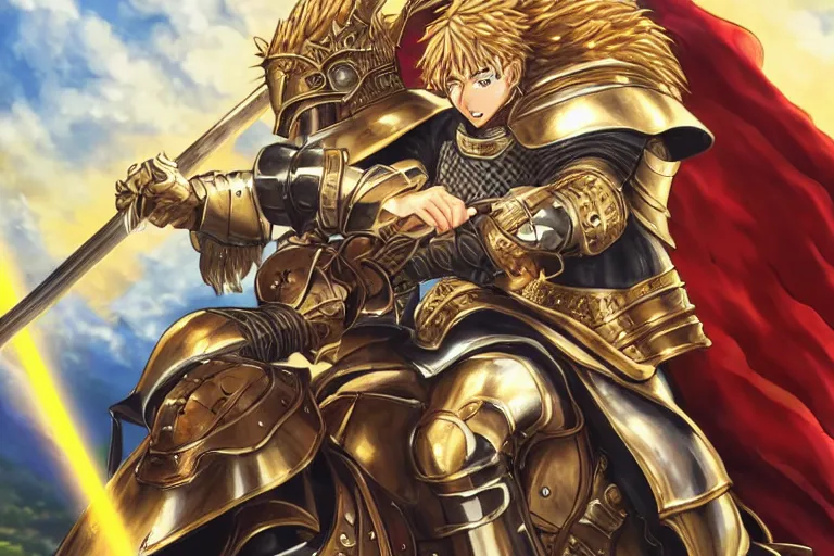 Image similar to an ultra detailed portrait of king richard the lionhearted as a paladin shonen anime protagonist charging into battle wearing bright gold armor and riding a horse blessed by god, epic anime fantasy, 8 k, volumetric lighting, smooth, highly detailed, digital illustration, art by kentaro miura and akira toriyama and artgerm