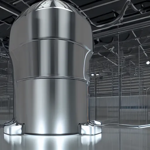 Image similar to big metallic capsule connected to pipelines, purpose is pump, standing in large industrial hall, designed by best engineers, raytracing, reflections