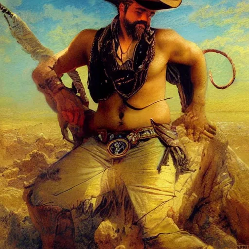 Prompt: a beautiful dramatic tarot card of a shirtless gorgeous cowboy. he is wearing cowboy boots. he has a thick build dadbod and a mustache. homoerotic, highly detailed painting by gaston bussiere, craig mullins, j. c. leyendecker 8 k