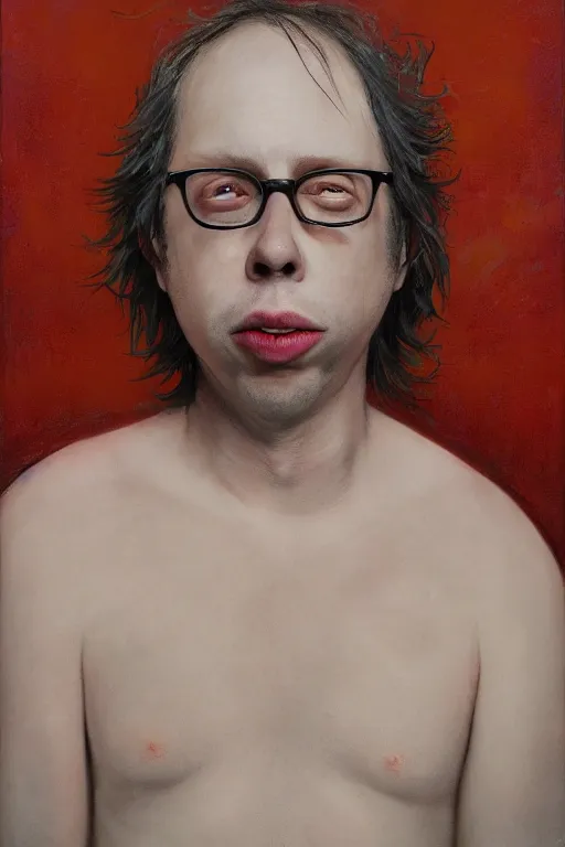 Prompt: todd solondz, a portrait of sick and thin todd solondz, clear todd solondz face, dreaming of kissing a girl, sad and lonley, vivid colors, soft lighting, atmospheric, cinematic, moody, in the style of jenni saville and krenz cushart, oil on canvas, 8 k