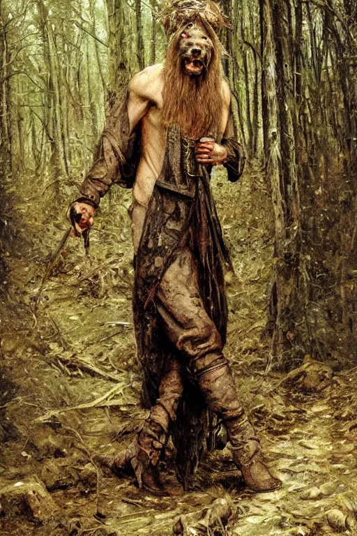 Prompt: slavic dog head man, woolen torso in medieval clothes, walking in the forest, orthodox saint christopher, art by luis royo, oil painting, painting by viktor vasnetsov, concept art, hyperrealism, beautiful, high resolution, trending on artstation,