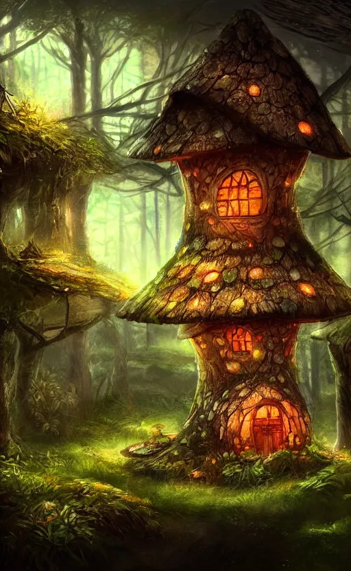 Image similar to a mushroom house in the middle of a forest at night, the lights are on, dynamic lighting, photorealistic fantasy concept art, trending on art station, stunning visuals, creative, cinematic, ultra detailed