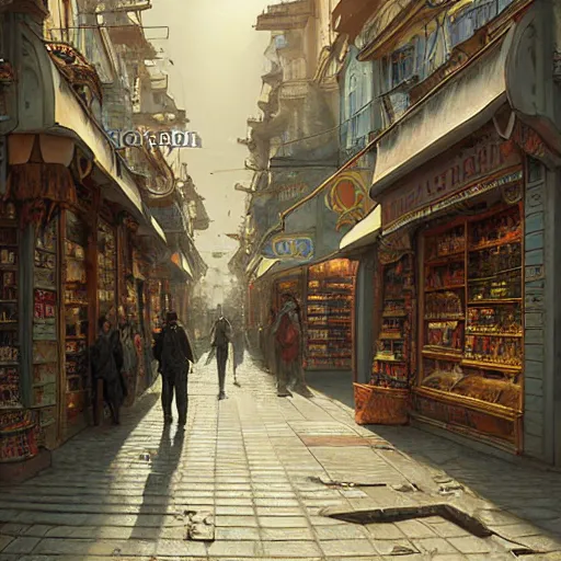 Prompt: A fantasycore of a convenience store of 2022 portugal lisbon on the street of a very highly detailed logital eldritch city matte painting art by Greg Rutkowski, a 12x(very) much logical detailed Dimensional cyan gold natural light, highly logical and striking detailed architecture by alphonse mucha, very hyperrealistic