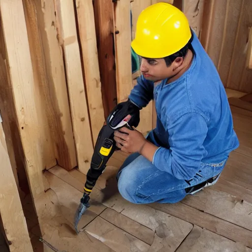 Prompt: young latino man using cordless power tool made by dewalt