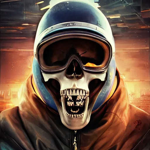 Image similar to a portrait of an anthropomorphic vintage skull in a racing helmet by sandra chevrier, detailed render, epic composition, cybernetics, 4 k realistic, cryengine, realistic shaded lighting, sharp focus, masterpiece, by matteo scalera, gary montalbano, peter elson in the style of the tokyo ghost comic