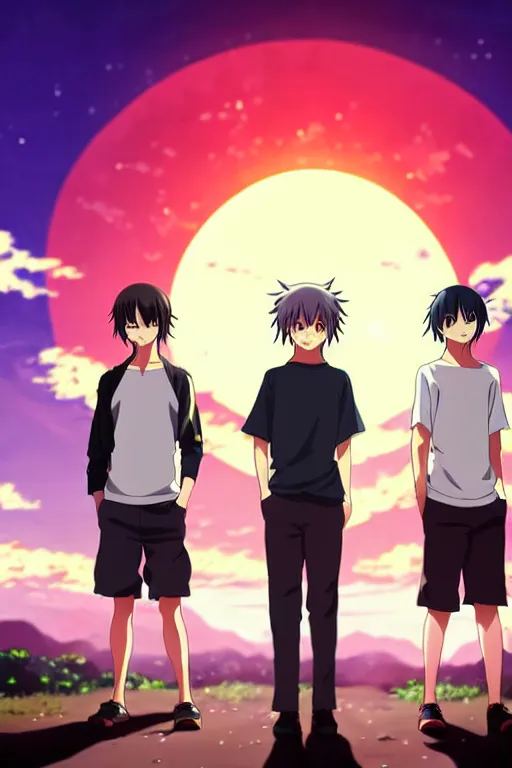 Image similar to anime art full body portrait character concept art, anime key visual of dark haired men standing in front of a sunset with 3 suns, large eyes, finely detailed perfect face delicate features directed gaze, trending on pixiv fanbox, studio ghibli, extremely high quality artwork