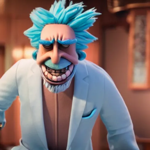 Image similar to rick sanchez with blue hair, wearing a white lab coat as a muppet. hyper real. 4 k. very detailed.