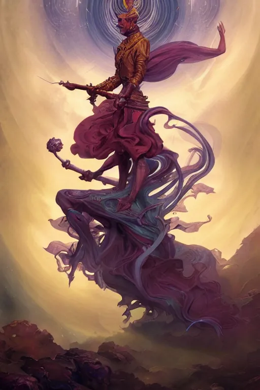 Image similar to an beautiful rendering of a tarot card of High Arcane based on the original rider waite tarot deck, full of colors, insane details, concept art, elegant, by Peter Mohrbacher and brian froud, hyperrealistic, octane render, by Greg Rutkowski, RPG portrait, dynamic lighting