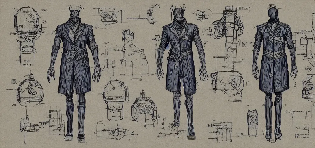 Image similar to blueprints for bioshock character, concept art, blueprint,