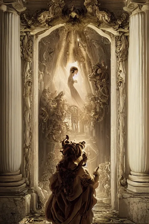 Image similar to the dweller on the threshold dramatic, elaborate emotive Baroque and Rococo styles to emphasize beauty as a transcendental, 8k image, ultra-realistic