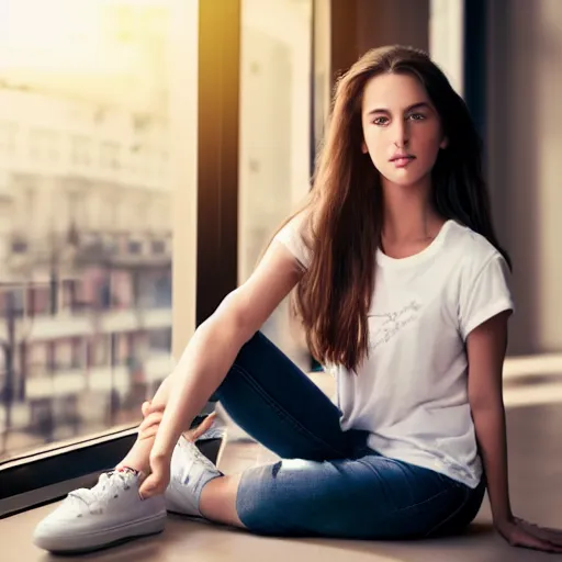 Prompt: Beautiful young woman with long straight brown hair in white tee shirt jeans and sneakers, sitting at a grand piano in a dimly lit room, golden hour, seaport town outside of the window, hd render, photorealism, dramatic