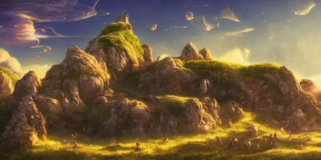 Image similar to lush and beautiful concept art for the shire, floating rocks in the air, stone city, arabian castles, sand, golden sun, planets, lord of the rings, peter jackson, studio ghibli, detailed, realistic lighting, volumetric lighting, golden hour,