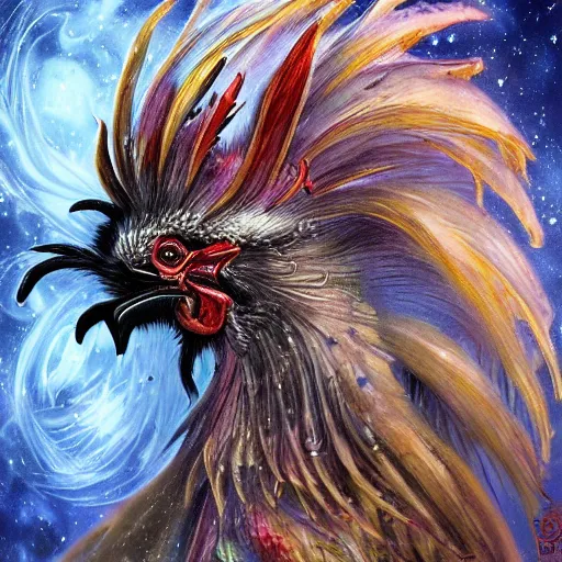 Image similar to a wlop 3 d render of very very very very highly detailed beautiful mystic portrait of a phantom undead rooster with whirling galaxy around, tattoos by anton pieck, intricate, extremely detailed, digital painting, artstation, concept art, smooth, sharp focus, illustration, intimidating lighting, incredible art,