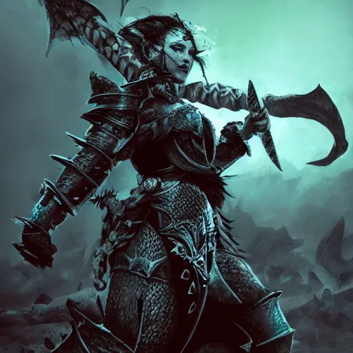 Prompt: fantasy warrior woman with dragon armour, black hair and turquoise eyes slaying orcs in medieval battlefield, fog and mist