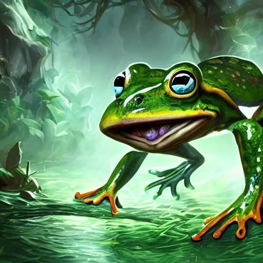 Image similar to beatiful art league of legends splash art of a frog in a swamp