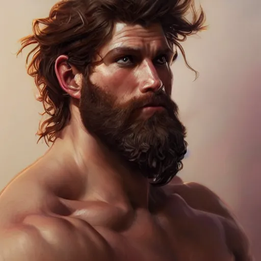 Image similar to portrait of a young rugged male barbarian, handsome, upper body, D&D, muscular, fantasy, intricate, elegant, highly detailed, digital painting, artstation, concept art, smooth, sharp focus, illustration, art by artgerm and greg rutkowski and alphonse mucha