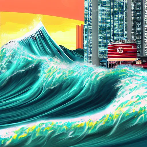 Prompt: a tsunami wave hits Hong Kong island, digital art