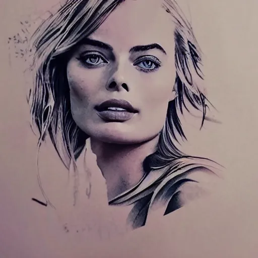 Prompt: tattoo design sketch with double exposure effect, margot robbie face and beautiful mountain scenery, in the style of matteo pasqualin, amazing detail