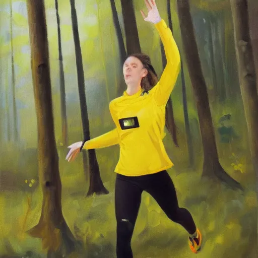 Image similar to a female orienteer wearing a yellow long - sleeved shirt and black tights runs in the forest, oil on canvas.