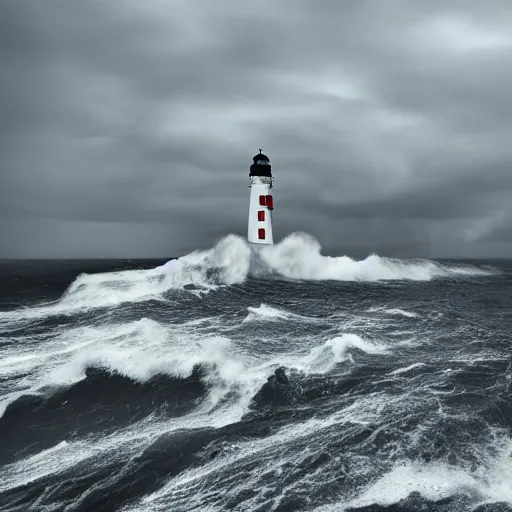 Prompt: award winning photograph of a lighthouse surrounded by wild stormy seas