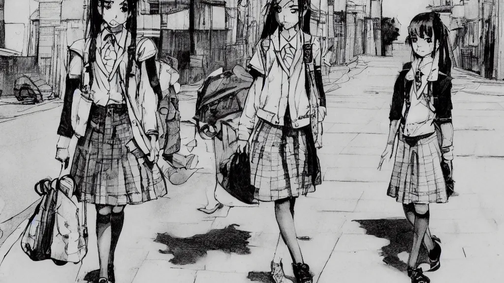 Prompt: cute schoolgirl walk in ghetto, in style of katsuya terada,