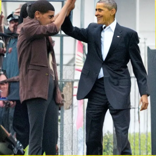 Image similar to paparazzi photo of arya stark high fiving barrack obama