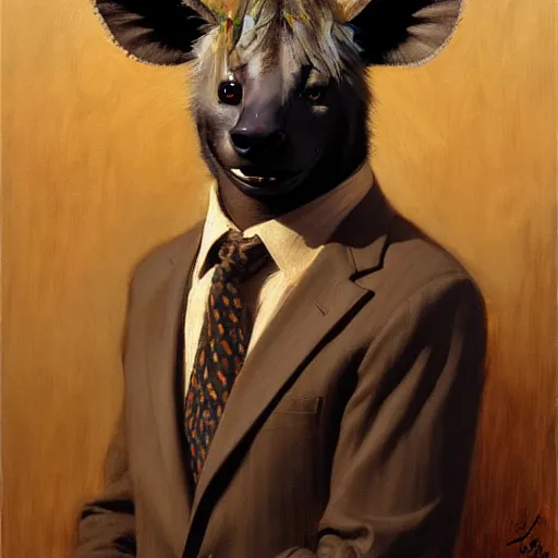 Image similar to a portrait of a hyena wearing a suit and smiling at the viewer. highly detailed painting by gaston bussiere, craig mullins, j. c. leyendecker 8 k