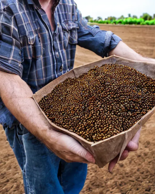 Prompt: farmer picking up carob,