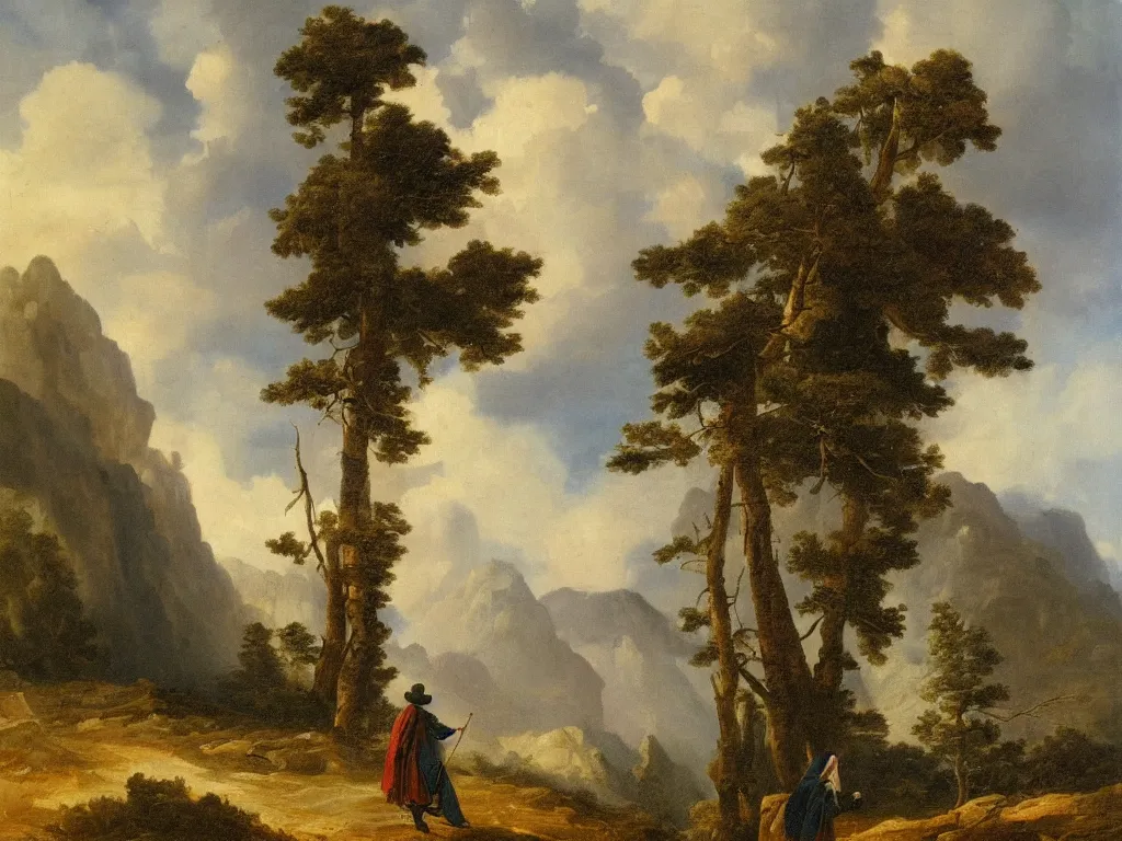 Image similar to a man in a grey cloak and brimmed hat with a staff travelling trough the mountains with trees in the style of neo-romanticism, very detailed, colorful, oil painting, clouds