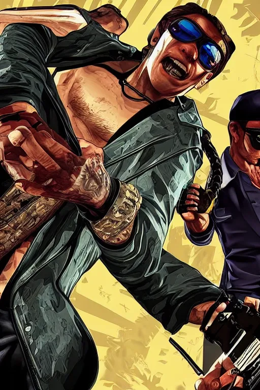 Image similar to GTA V cover art starring Mortal Kombat Character Johnny Cage, starring Johnny Cage