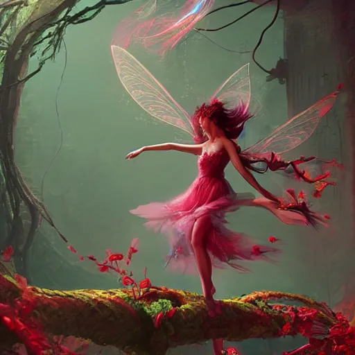 Prompt: the fairy made of blood is ribbon dancing on a spikey vine, the ribbon is colored like a nebula, ultra realistic, concept art, intricate details, highly detailed, photorealistic, octane render, 8 k, art by greg rutkowski